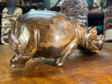 Hand Carved Dark Brown Wooden Hippo - Mouth Closed