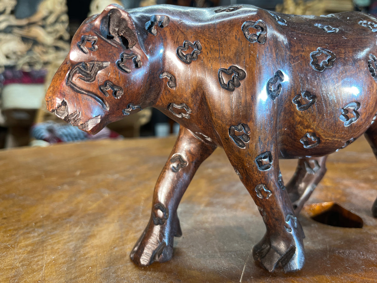 Hand Carved Ebony Wood Mother and Baby Leopard