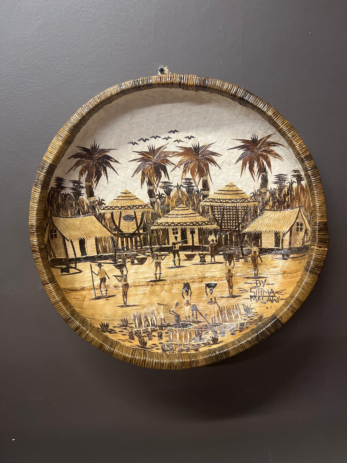 Handmade Wicker, Cloth and Banana leaf Decorative Tray - African Village Scene