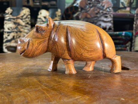 Small Hand Carved Light Brown Grained Wood Hippo - Mouth Closed
