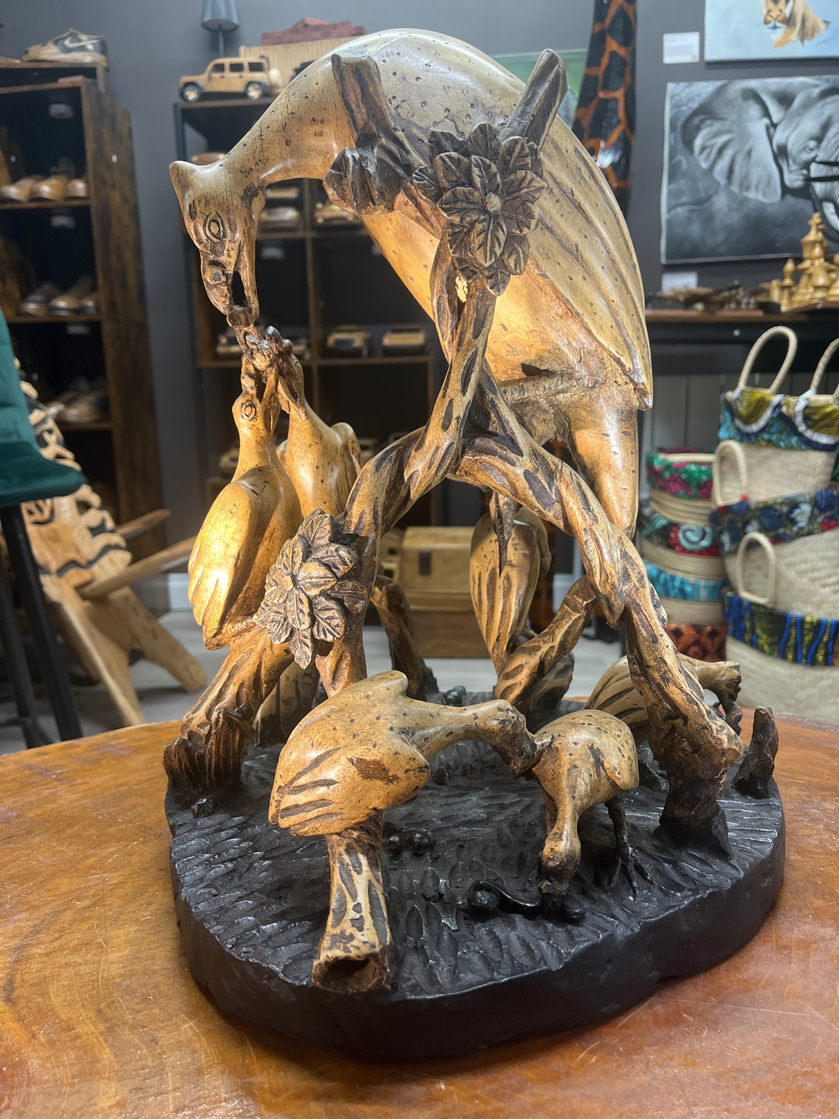 Intricately Hand Carved Vulture Feeding Frenzy On a Tree Wooden Statue