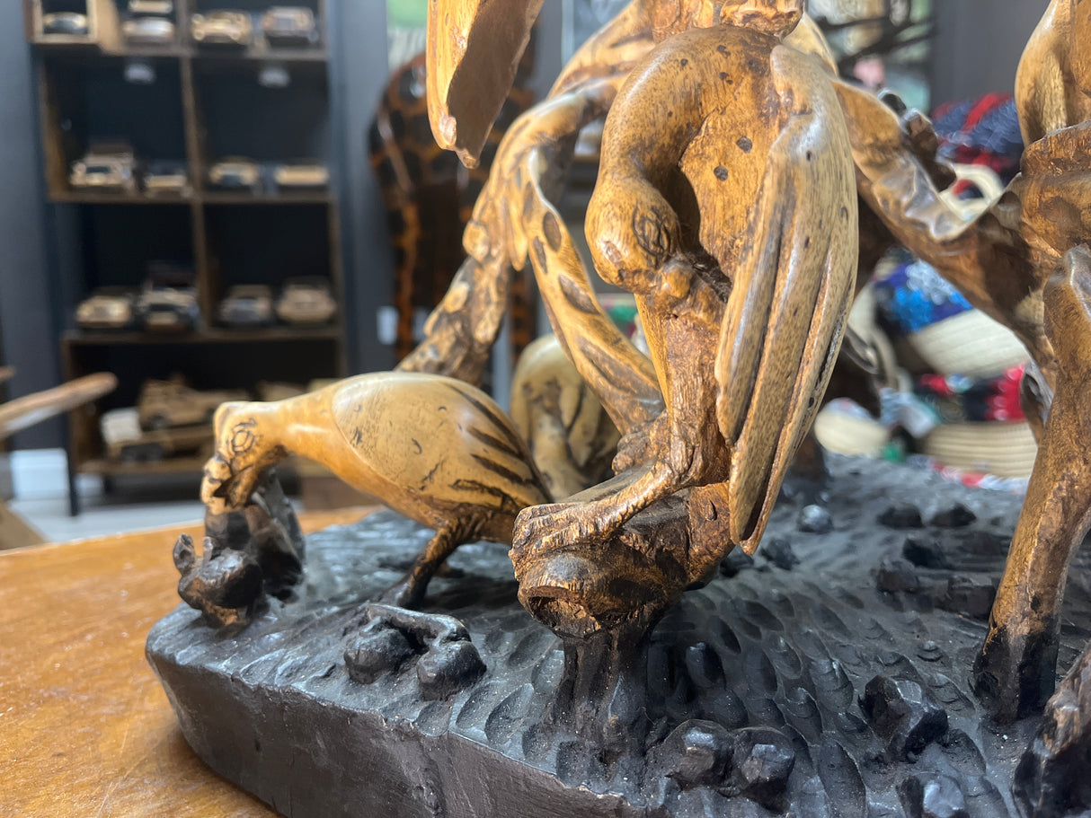 Intricately Hand Carved Vulture Feeding Frenzy On a Tree Wooden Statue