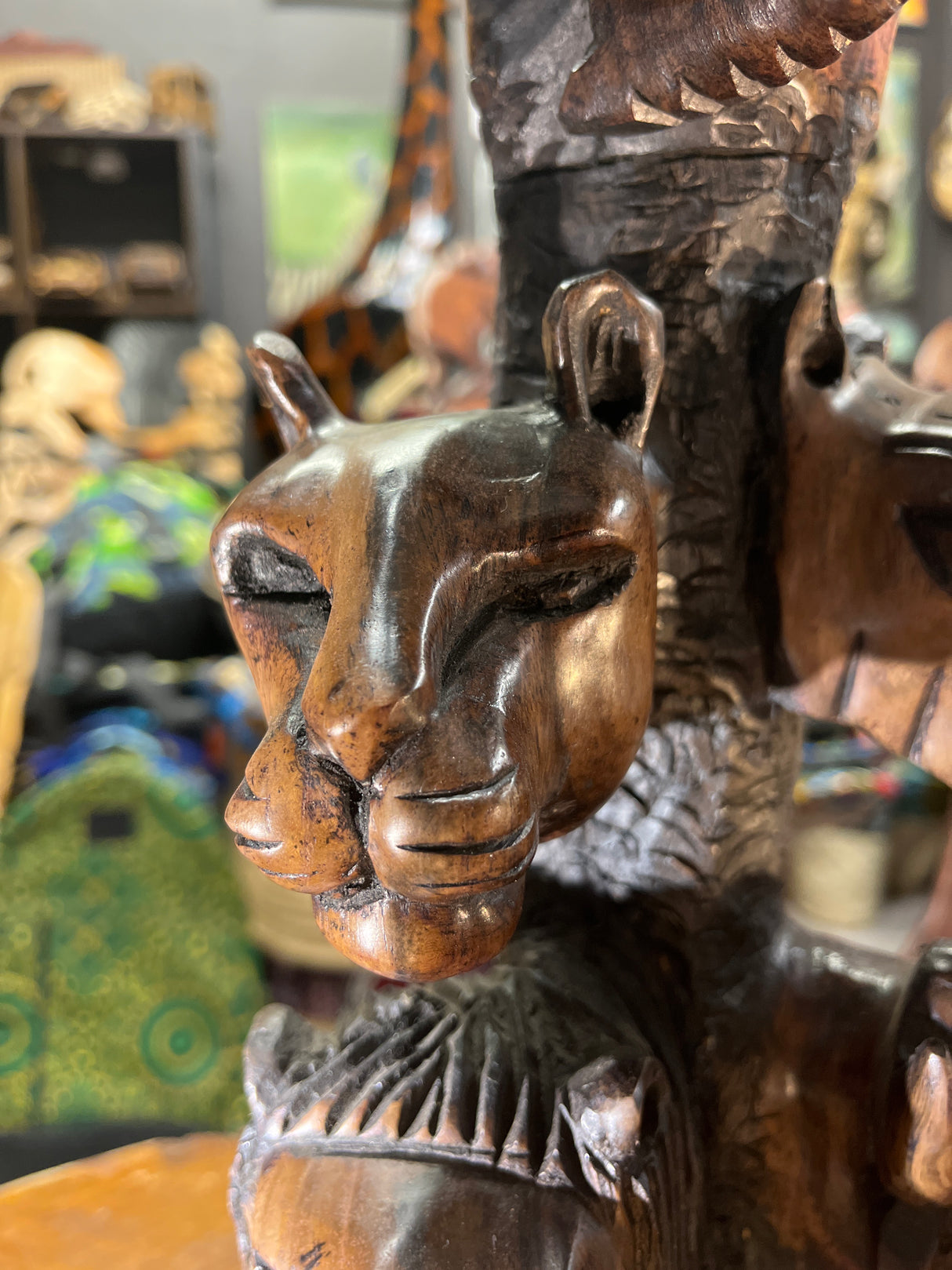Hand Carved ‘Big 5’ On a Tree Trunk Ornament - Elephant, Leopard, Rhino, Lion, Buffalo