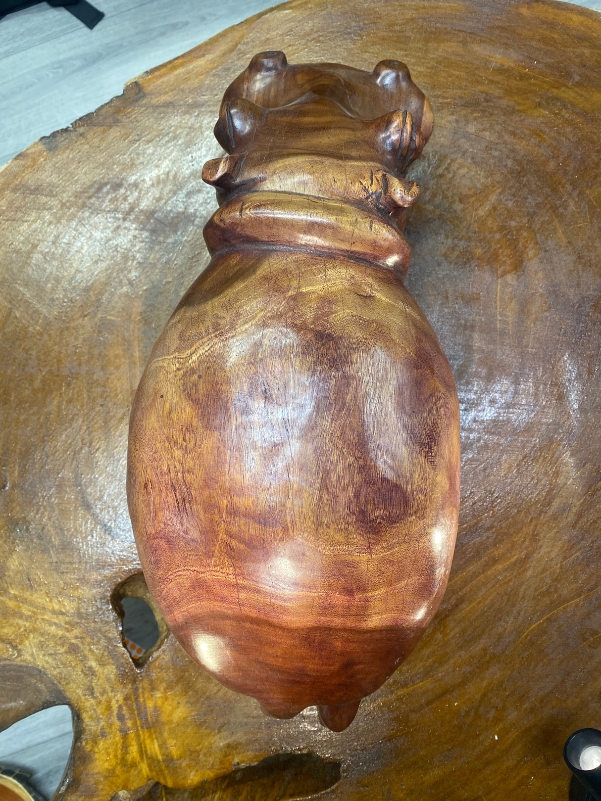 Big Reddish Colour Hand Carved Wooden Smiling Hippo - Mouth Closed (Heavy Piece)