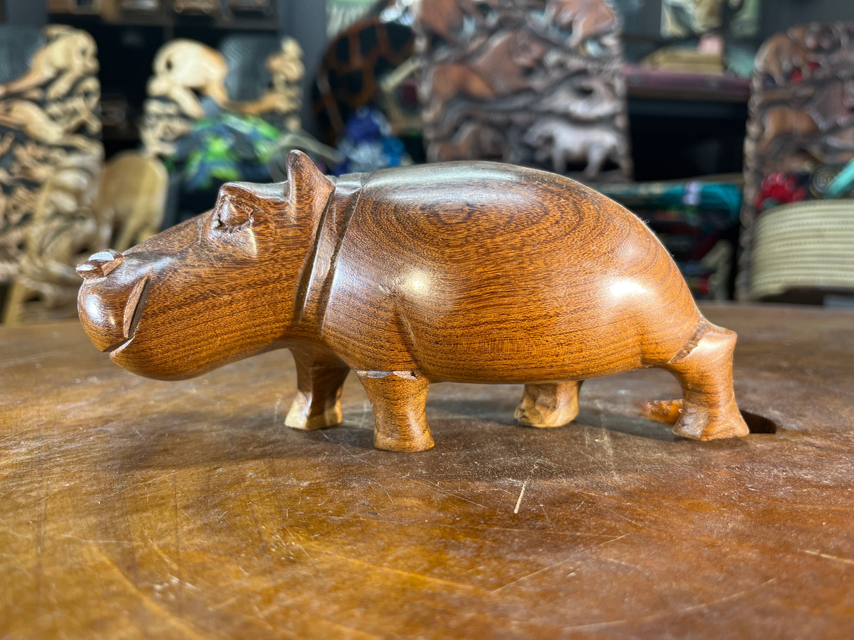 Small Hand Carved Brown Grained Wood Hippo - Mouth Closed