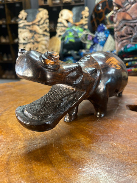 Hand Carved Wooden Hippo - Mouth Open No Teeth