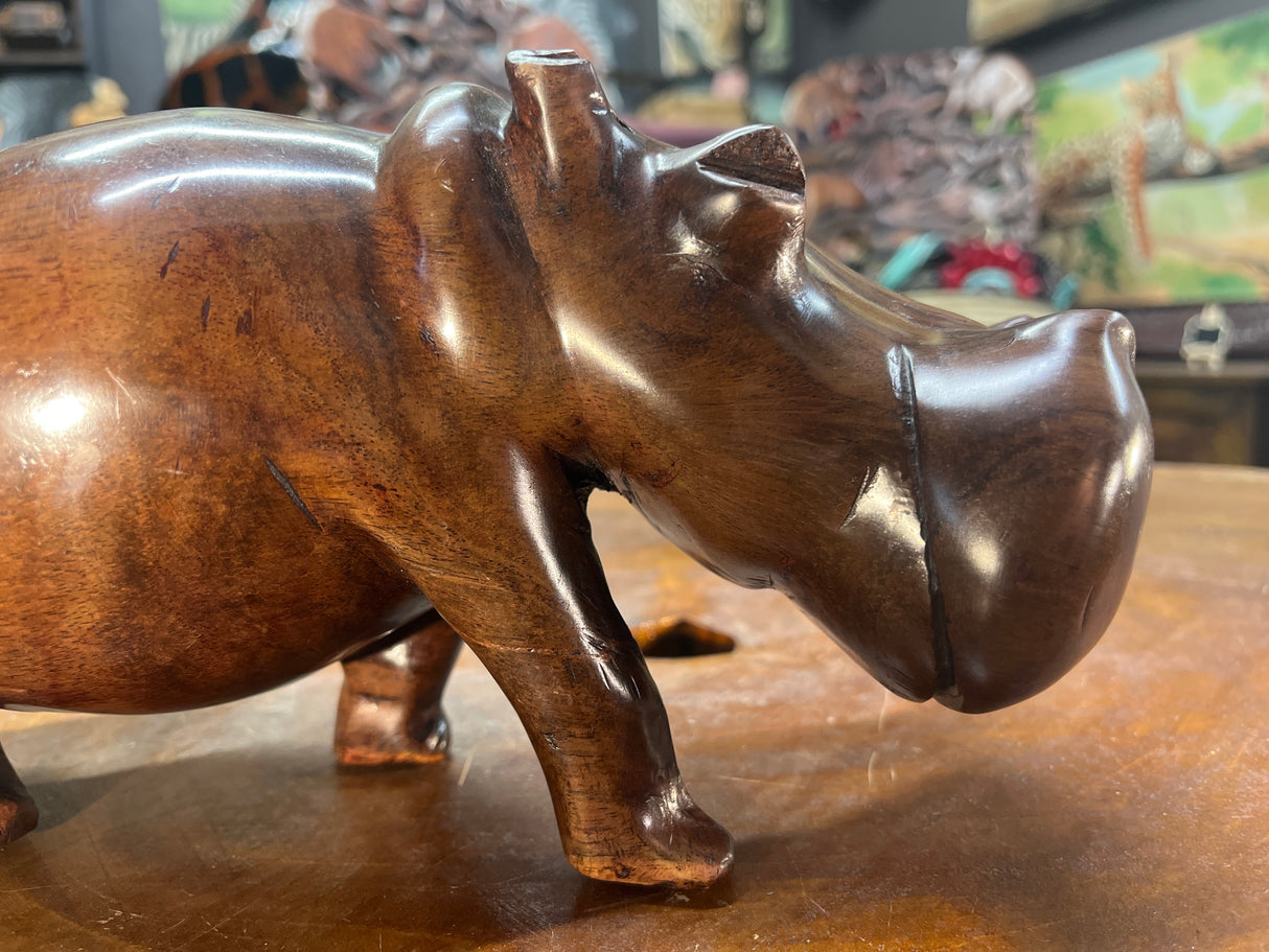 Hand Carved Shiny Dark Brown Wooden Hippo - Mouth Closed