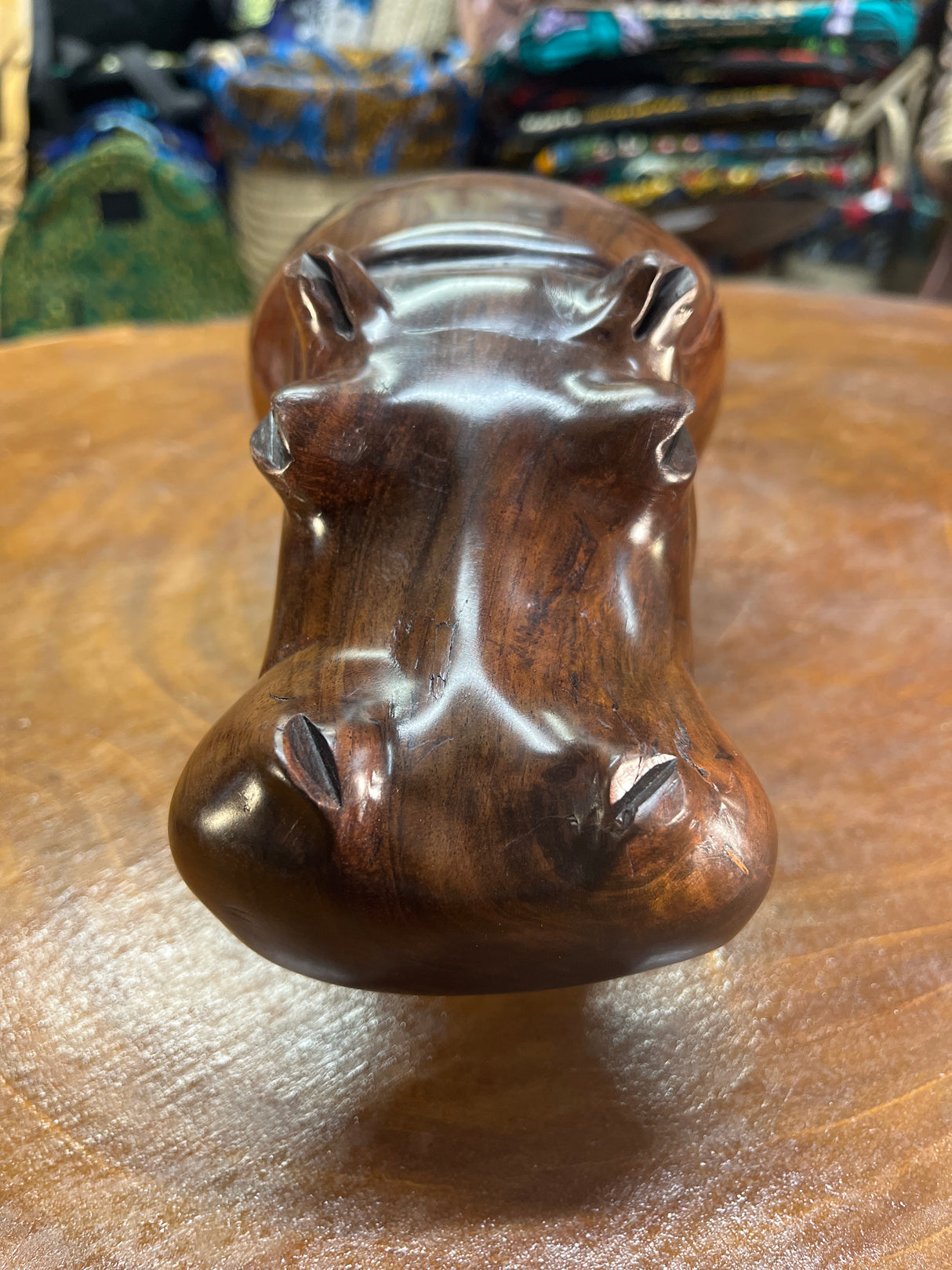 Hand Carved Shiny Dark Brown Wooden Hippo - Mouth Closed