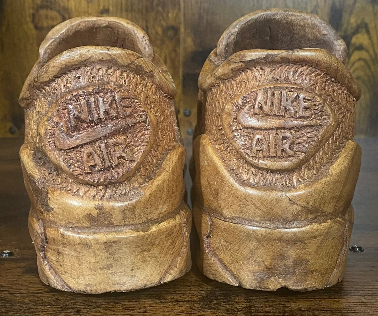 Pair of Nike Air Max 90 V3.1 Hand Carved Painted Mahogany Display Piece