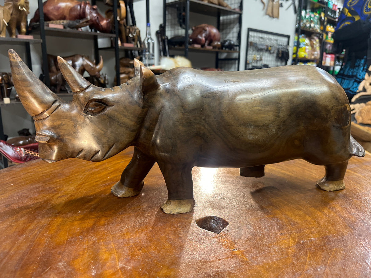 Hand carved Wooden Standing Rhino Curio (Light Brown)