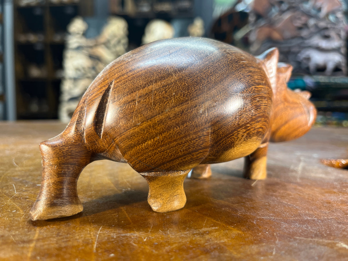 Small Hand Carved Brown Grained Wood Hippo - Mouth Closed