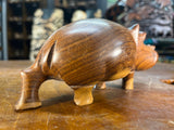 Small Hand Carved Brown Grained Wood Hippo - Mouth Closed