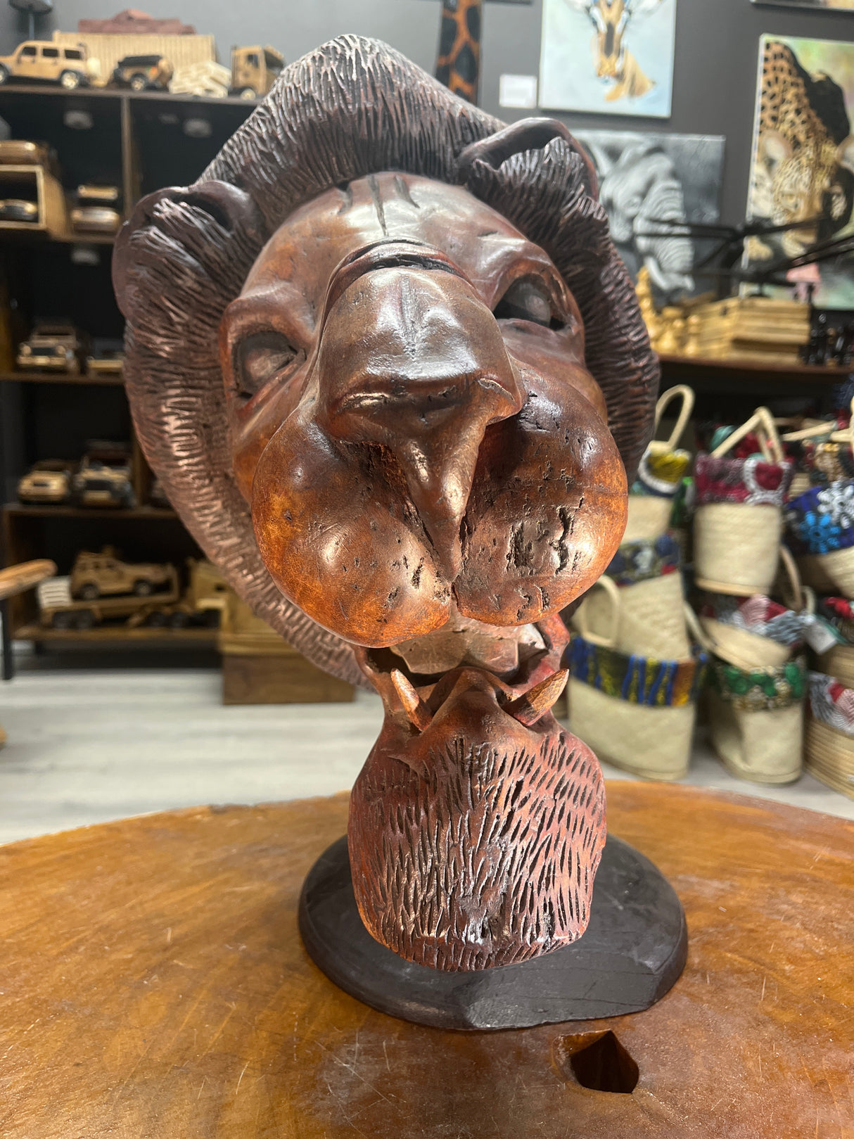 Hand Carved Vintage Rustic And a Bit Scary - Lions Head Wooden Statue Unique Stunning ‘WOW’ Show Piece