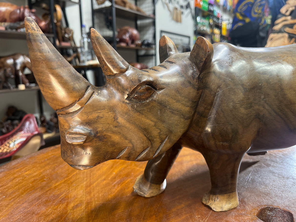 Hand carved Wooden Standing Rhino Curio (Light Brown)