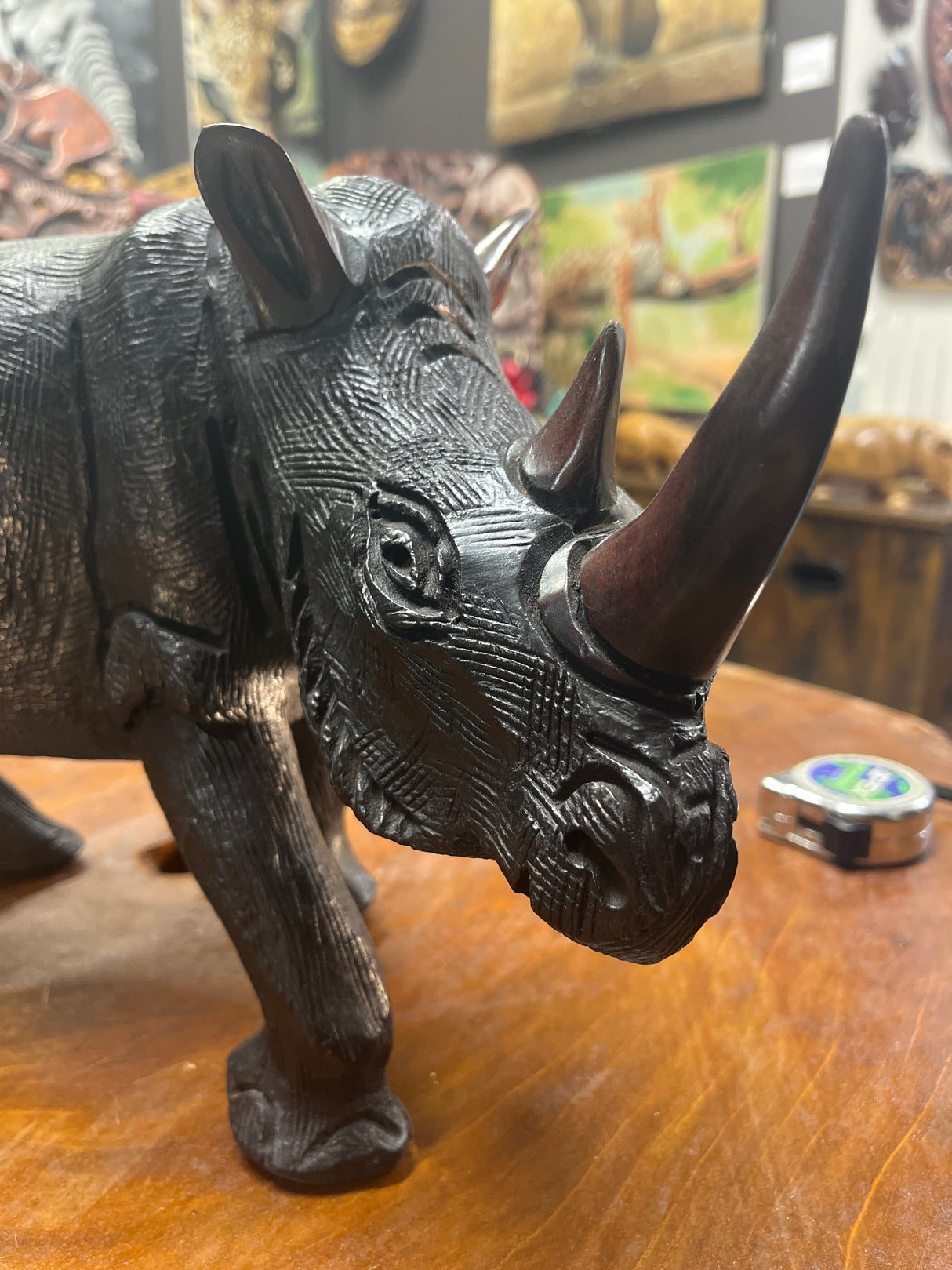 Large Black Hand Carved Wooden Textured Ebony Rhino Malawi
