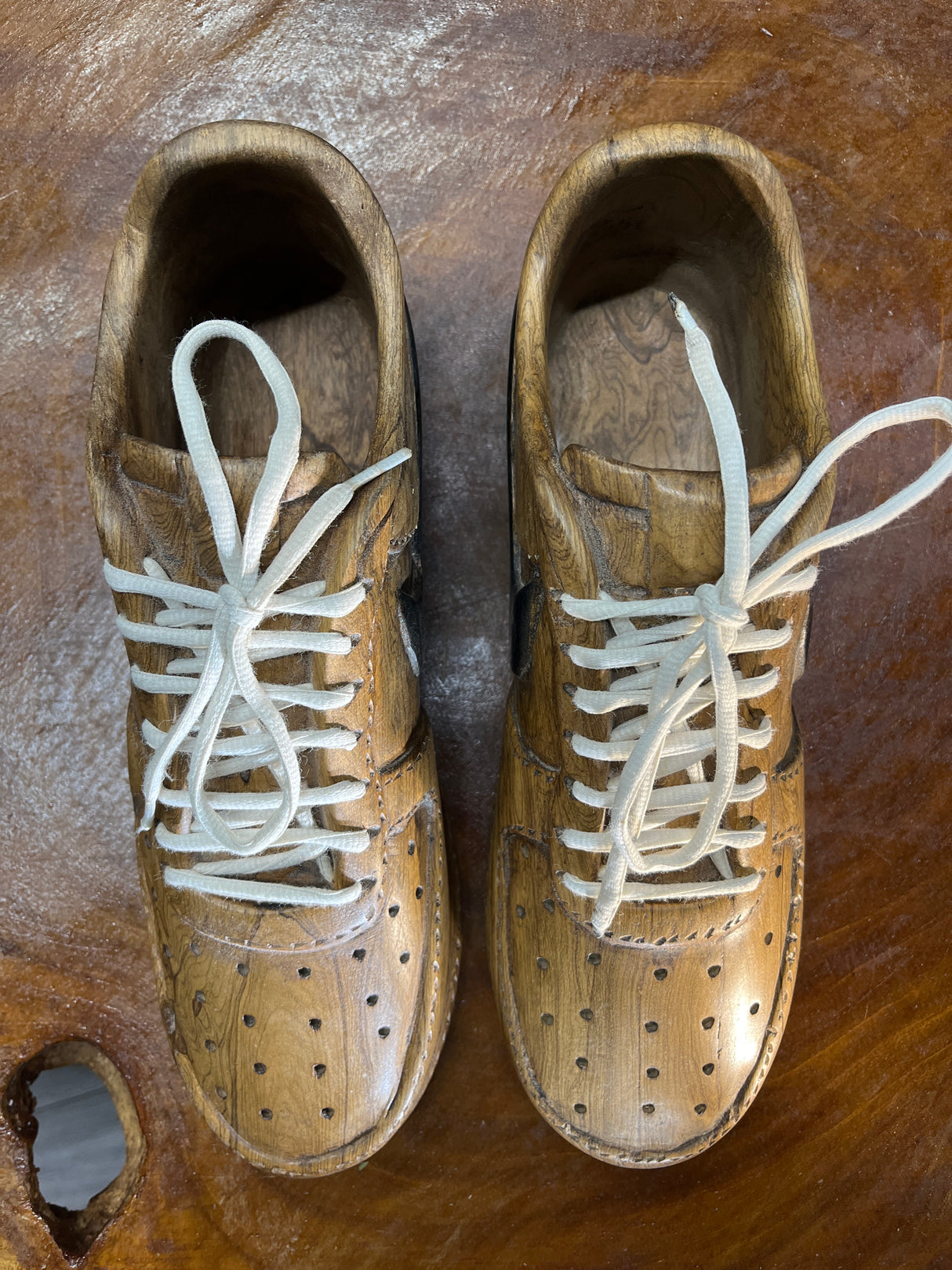 Pair of Nike Air Force One Low with Laces V1.1 Hand Carved Mahogany Display Piece