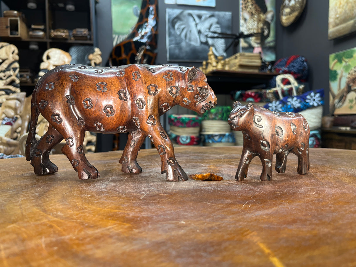 Hand Carved Ebony Wood Mother and Baby Leopard