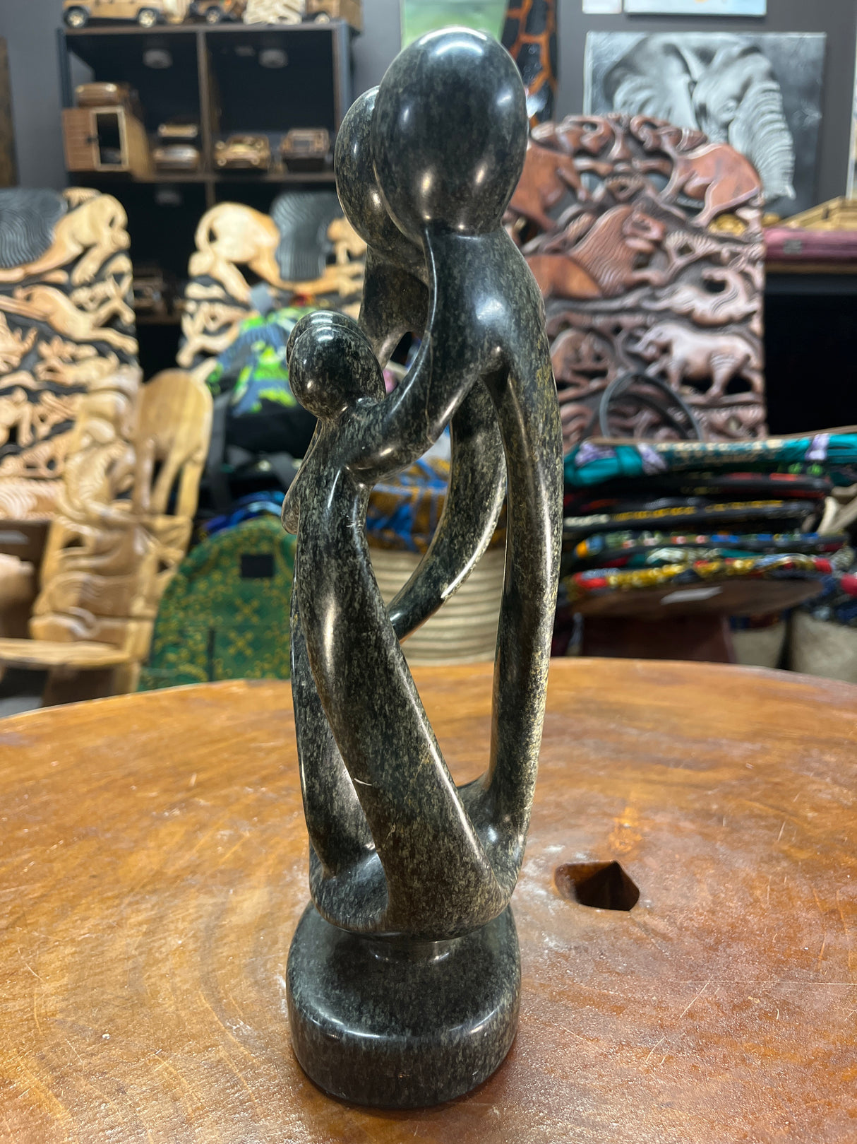 Hand Carved Stunning Green Stone Abstract Sculpture - Parents and Two Children (Wide)