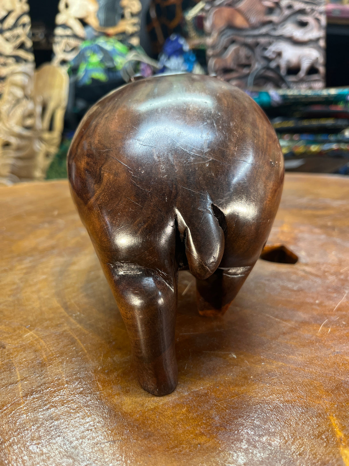 Hand Carved Shiny Dark Brown Wooden Hippo - Mouth Closed