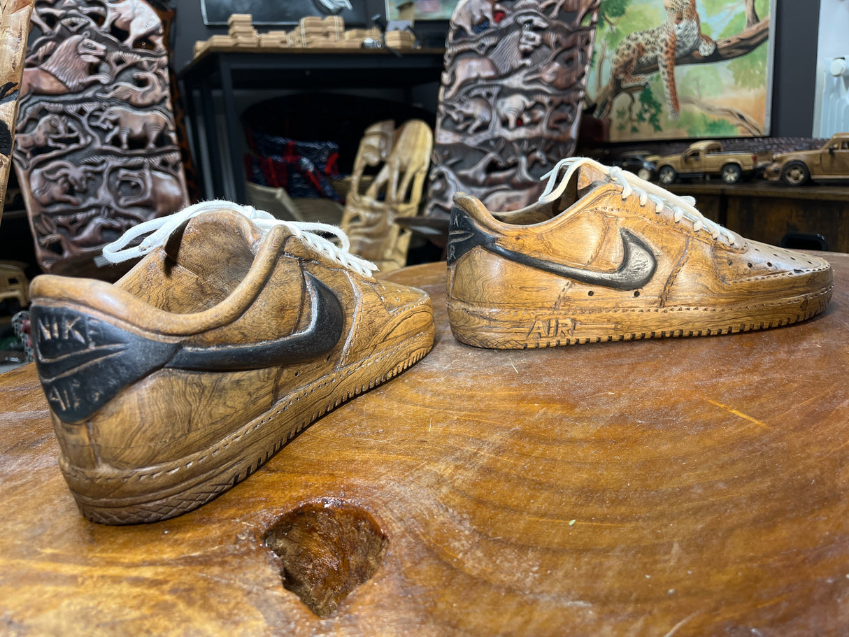 Pair of Nike Air Force One Low with Laces V1.1 Hand Carved Mahogany Display Piece