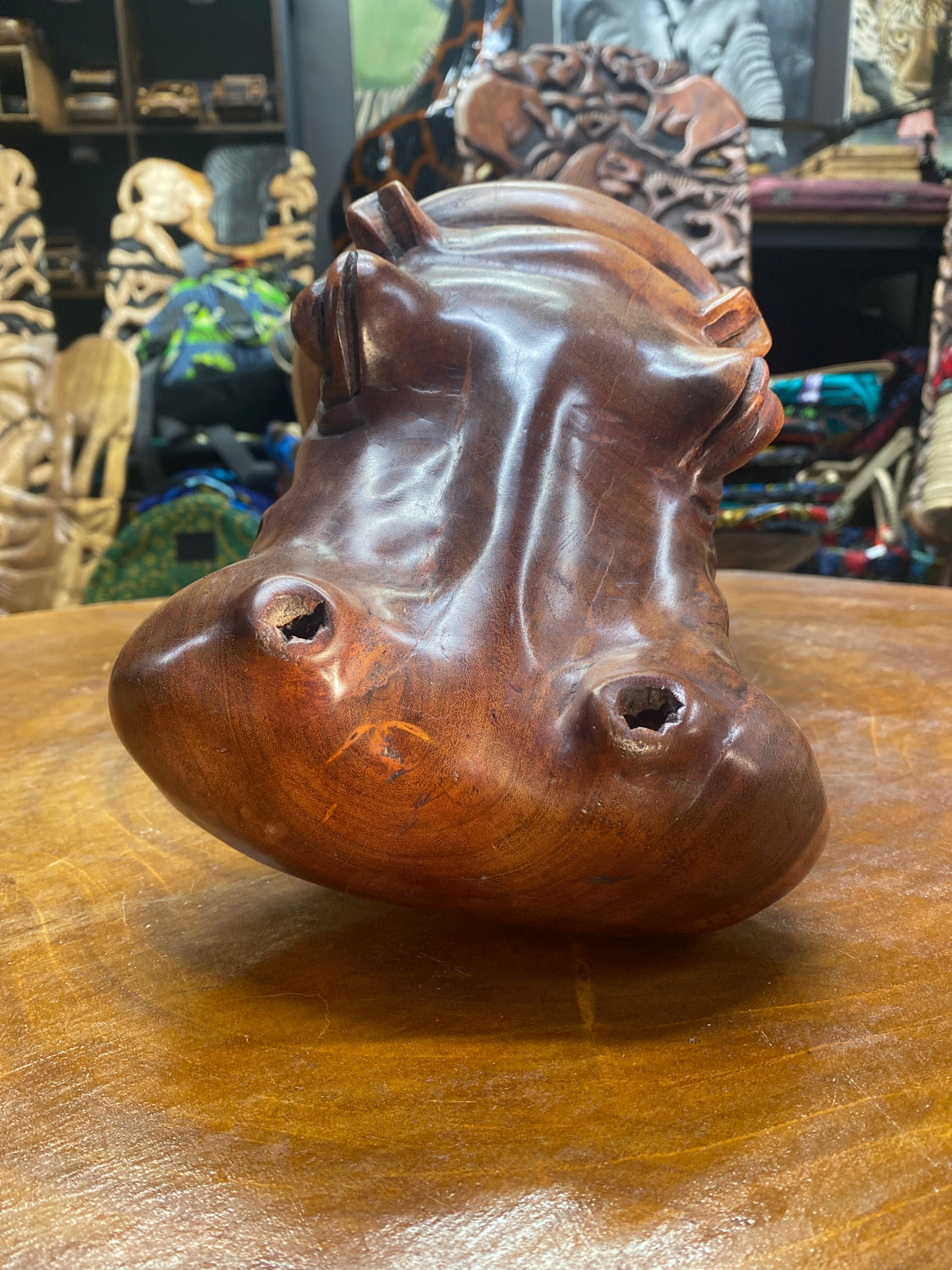Big Reddish Colour Hand Carved Wooden Hippo - Mouth Closed (Heavy Piece)