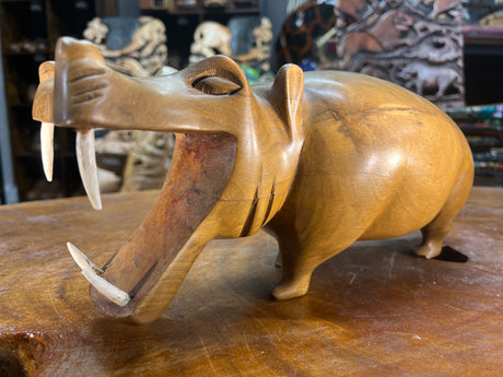 Hand Carved Wooden Walking Hippo - Mouth Open With Teeth