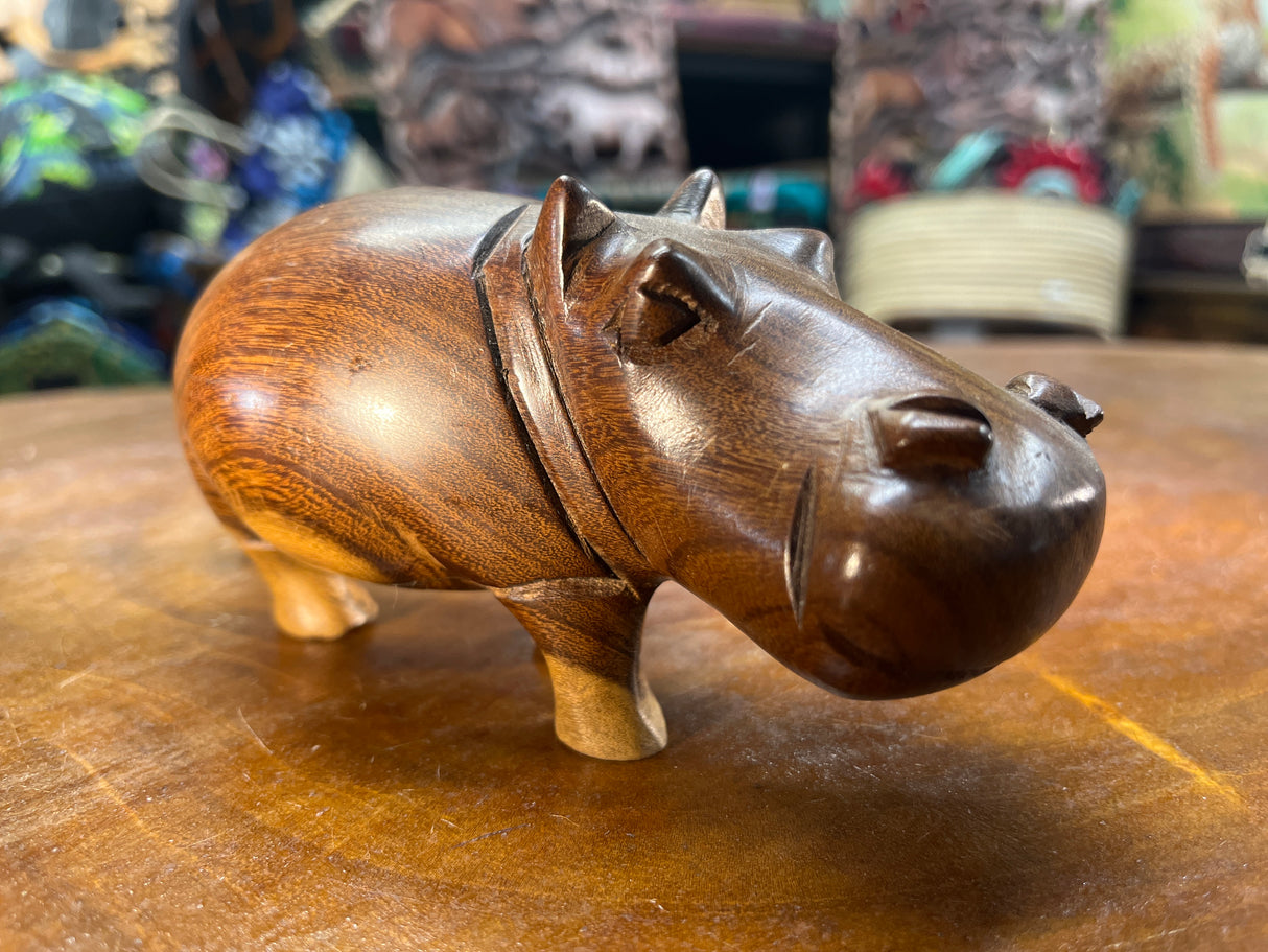 Small Hand Carved Brown Grained Wood Hippo - Mouth Closed