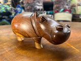Small Hand Carved Brown Grained Wood Hippo - Mouth Closed