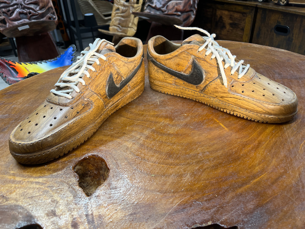 Pair of Nike Air Force One Low with Laces V1.1 Hand Carved Mahogany Display Piece