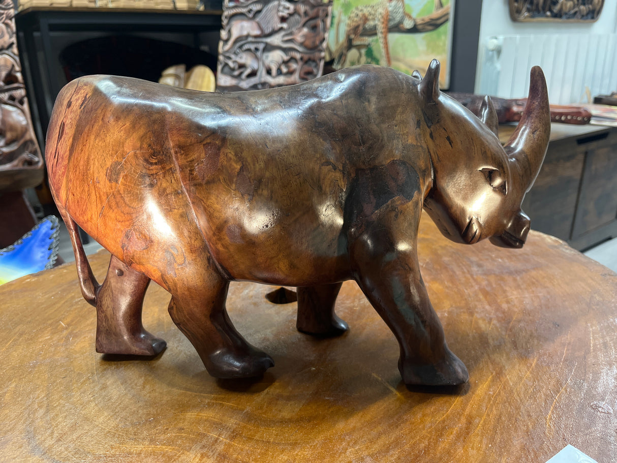 Hand carved Wooden Standing Rhino Curio (Reddish Brown)