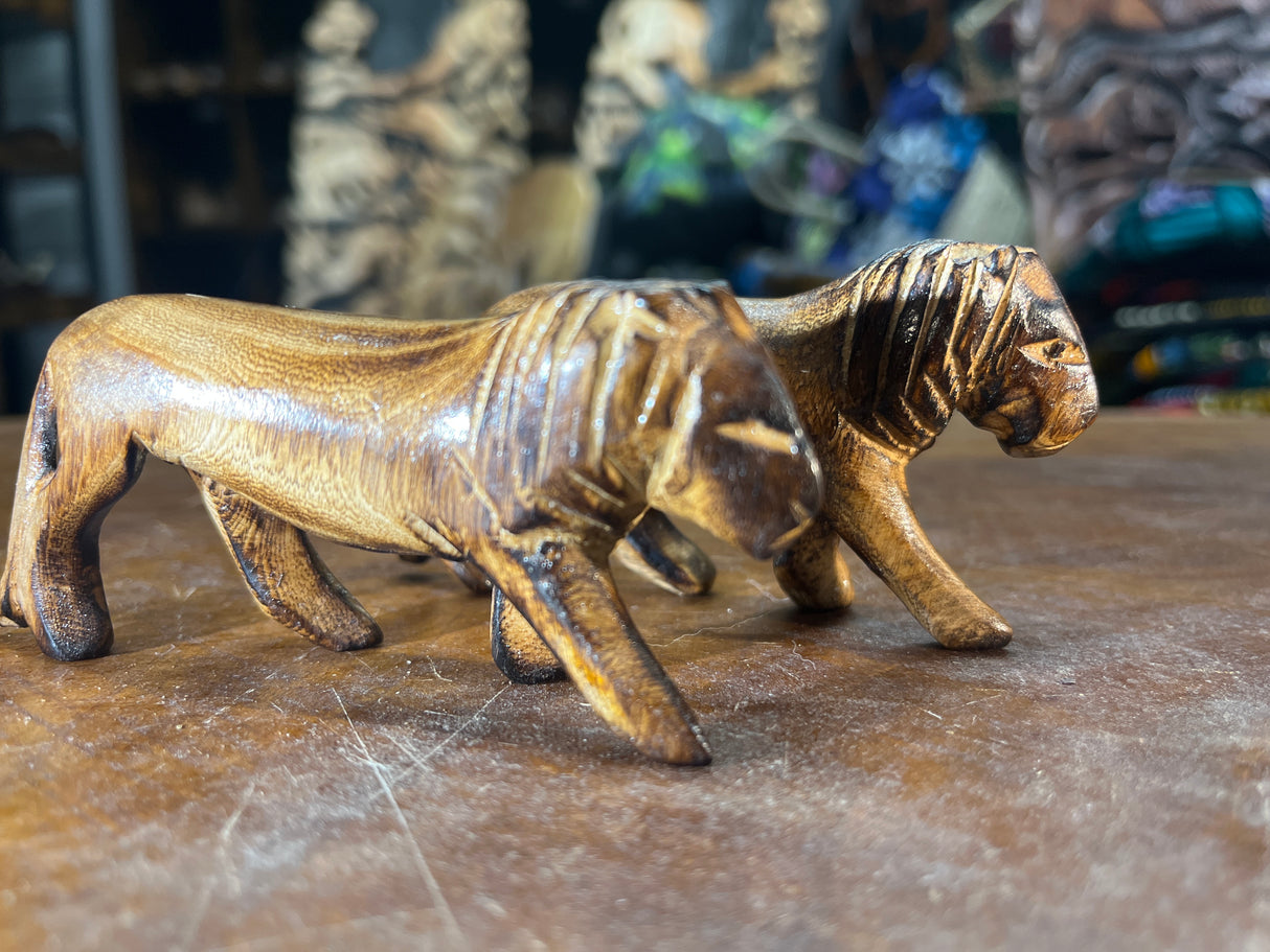 Set of Two Handmade Wooden Burnt Lions