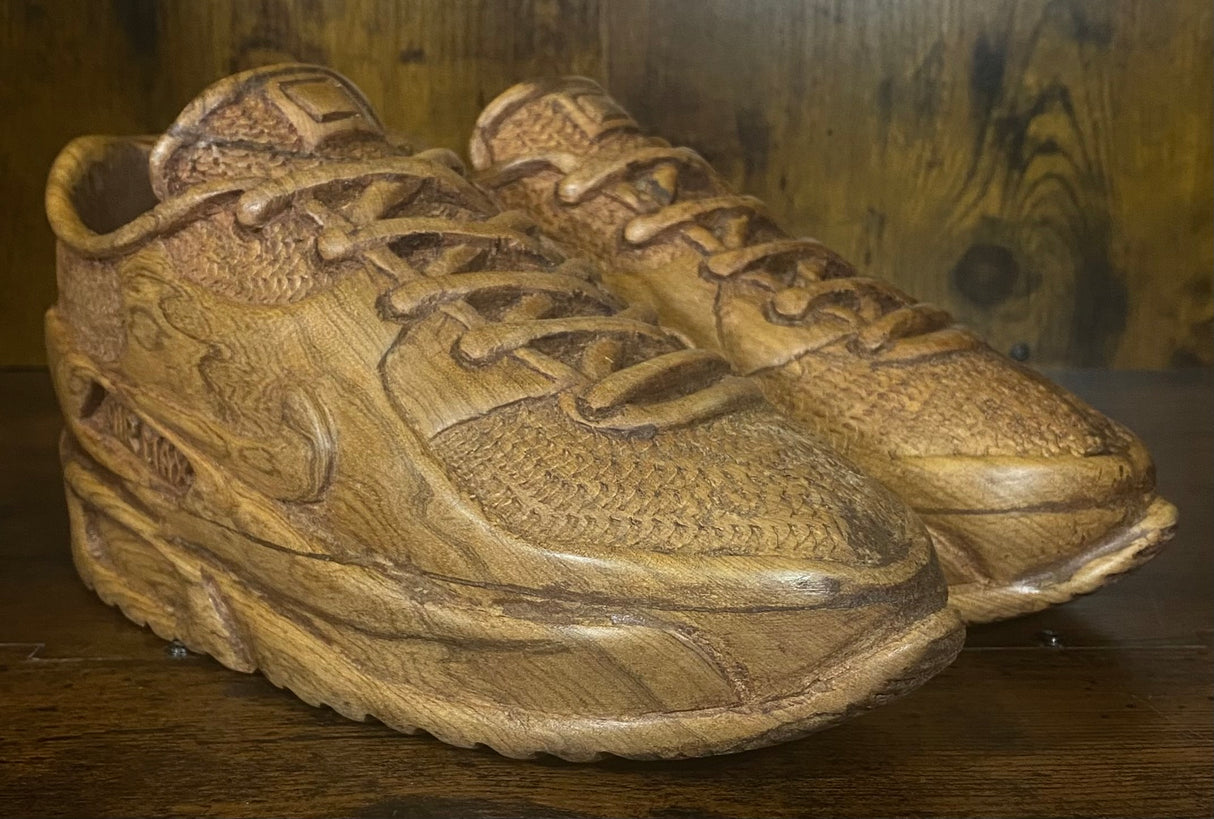 Pair of Nike Air Max 90 V3.1 Hand Carved Painted Mahogany Display Piece