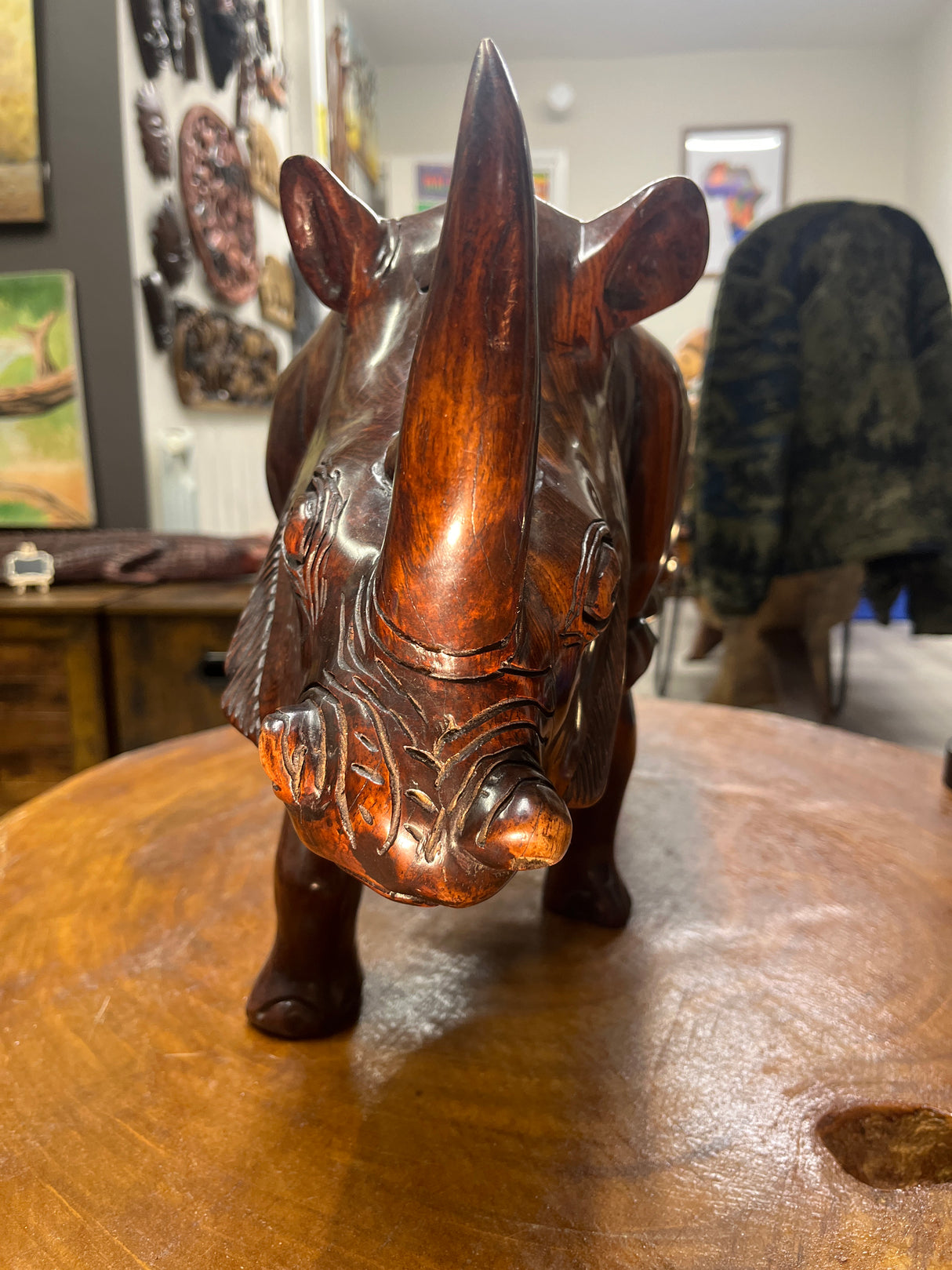 Large and heavy Hand Carved Wooden Standing Rhino Curio (Muscular Look)