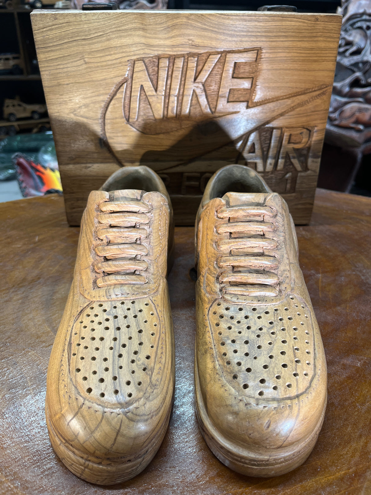Pair of Nike Air Force One Low with Wooden Box V1.1 Hand Carved Mahogany Display Piece