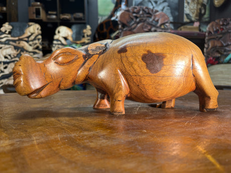 Hand Carved Light Brown Wooden Hippo - Mouth Closed