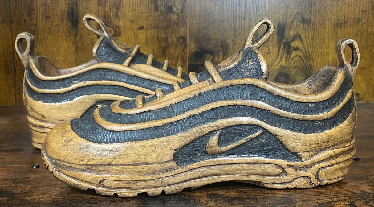 Pair of Nike Air Max 97 V1.3 Hand Carved Painted Mahogany Display Piece