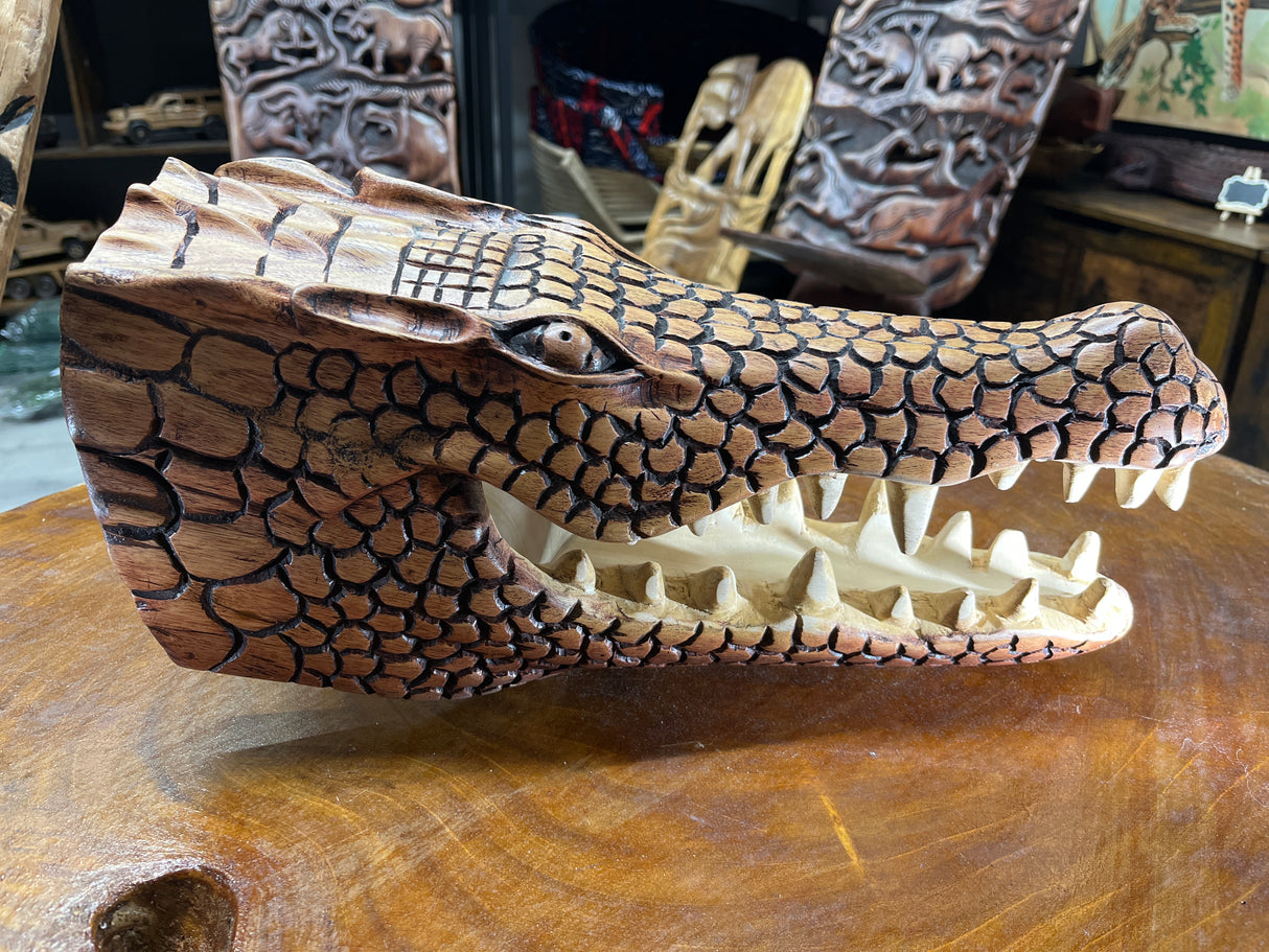 Stunning Lifelike Crocodile Head Wooden Curio