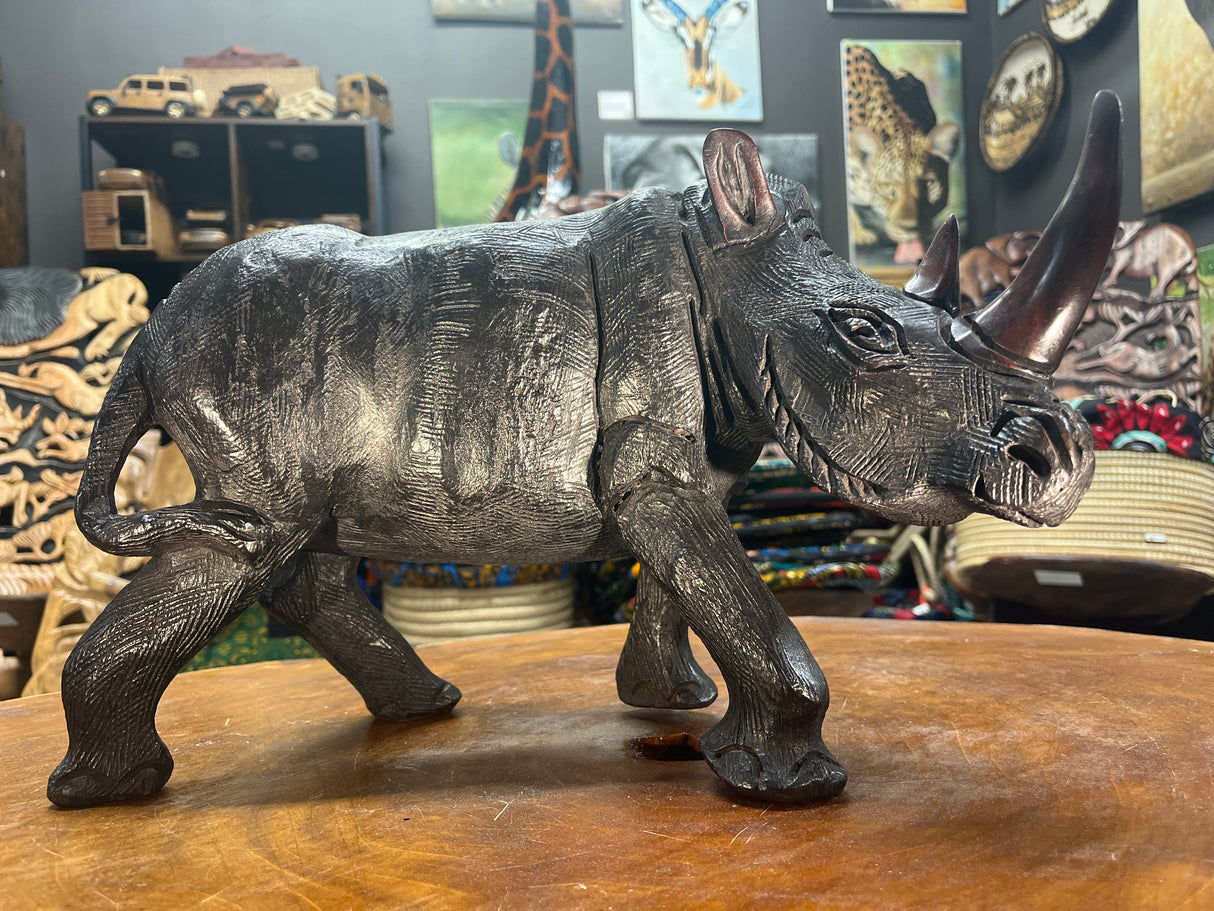 Large Black Hand Carved Wooden Textured Ebony Rhino Malawi