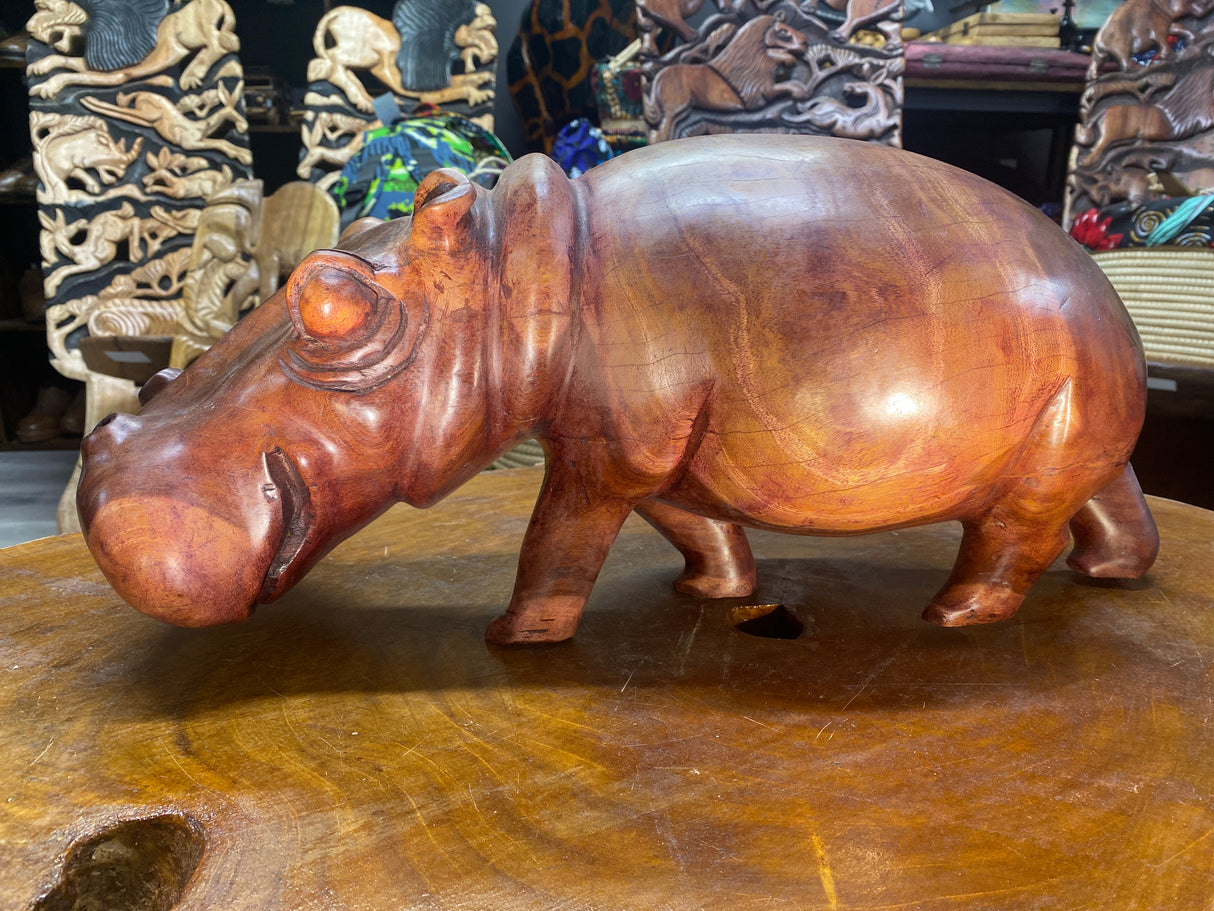 Big Reddish Colour Hand Carved Wooden Smiling Hippo - Mouth Closed (Very Heavy Piece)