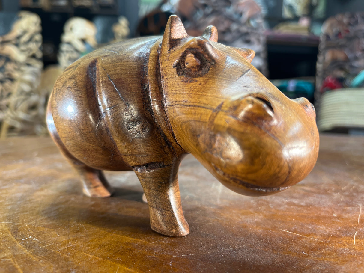 Small Hand Carved Light Brown Grained Wood Hippo - Mouth Closed