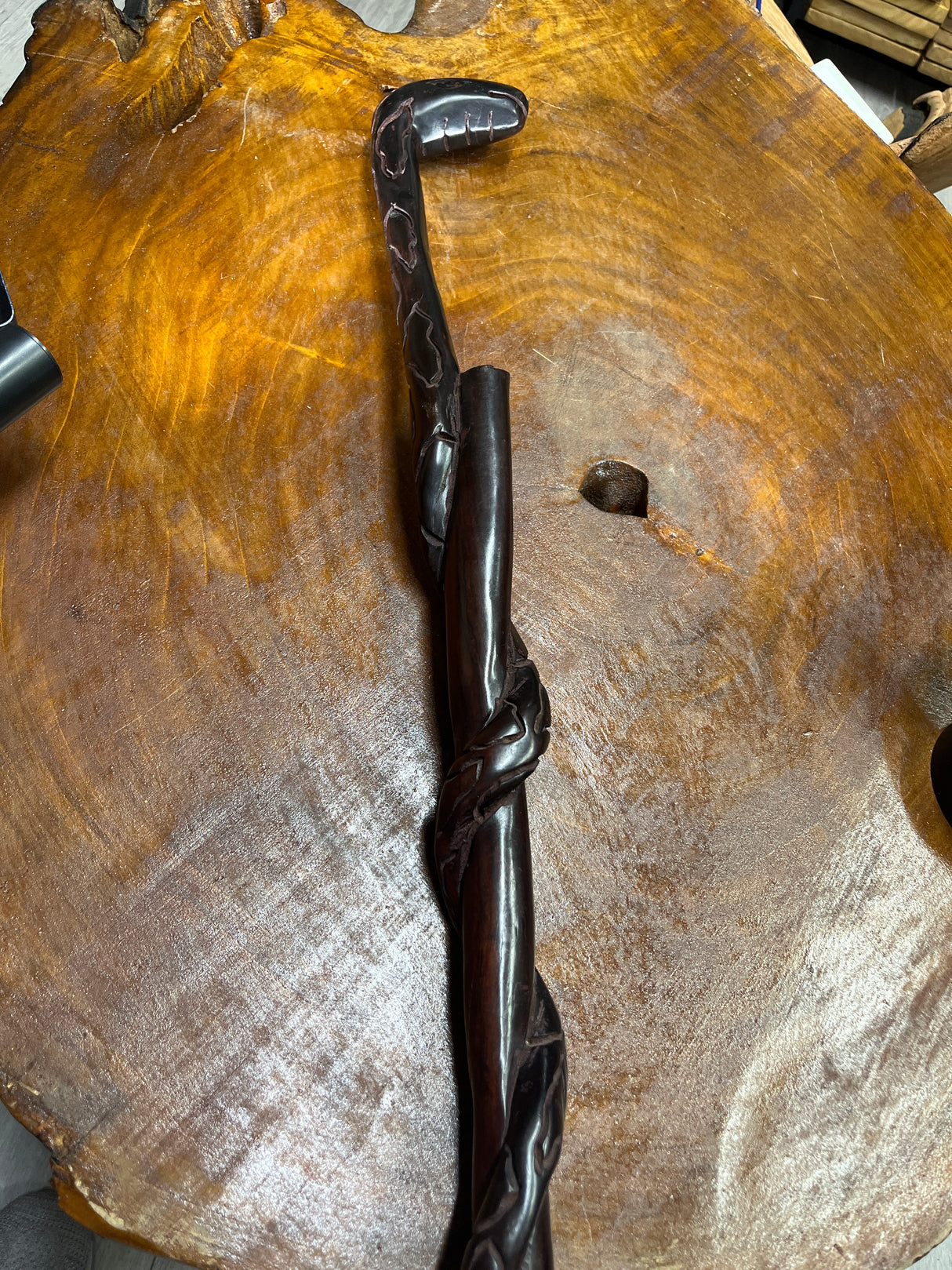 Snake on a Branch Walking Stick Polished Ebony Tanzania