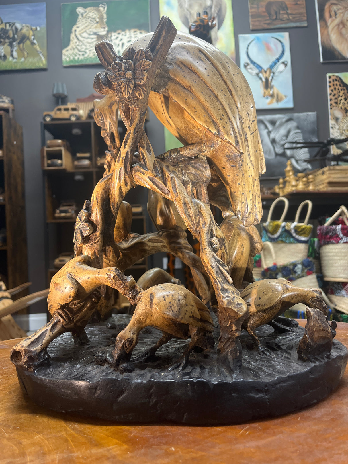 Intricately Hand Carved Vulture Feeding Frenzy On a Tree Wooden Statue