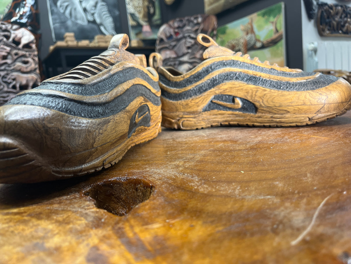 Pair of Nike Air Max 97 V1.2 Hand Carved Painted Mahogany Display Piece