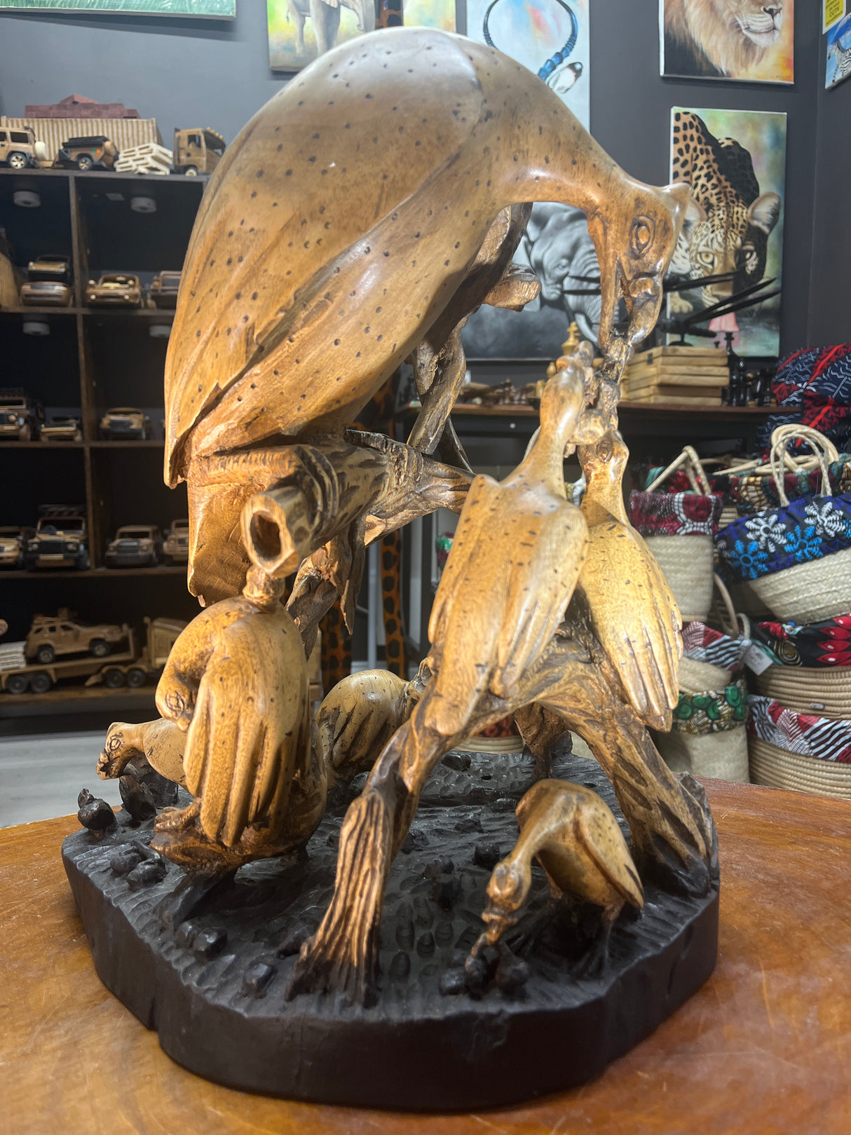 Intricately Hand Carved Vulture Feeding Frenzy On a Tree Wooden Statue