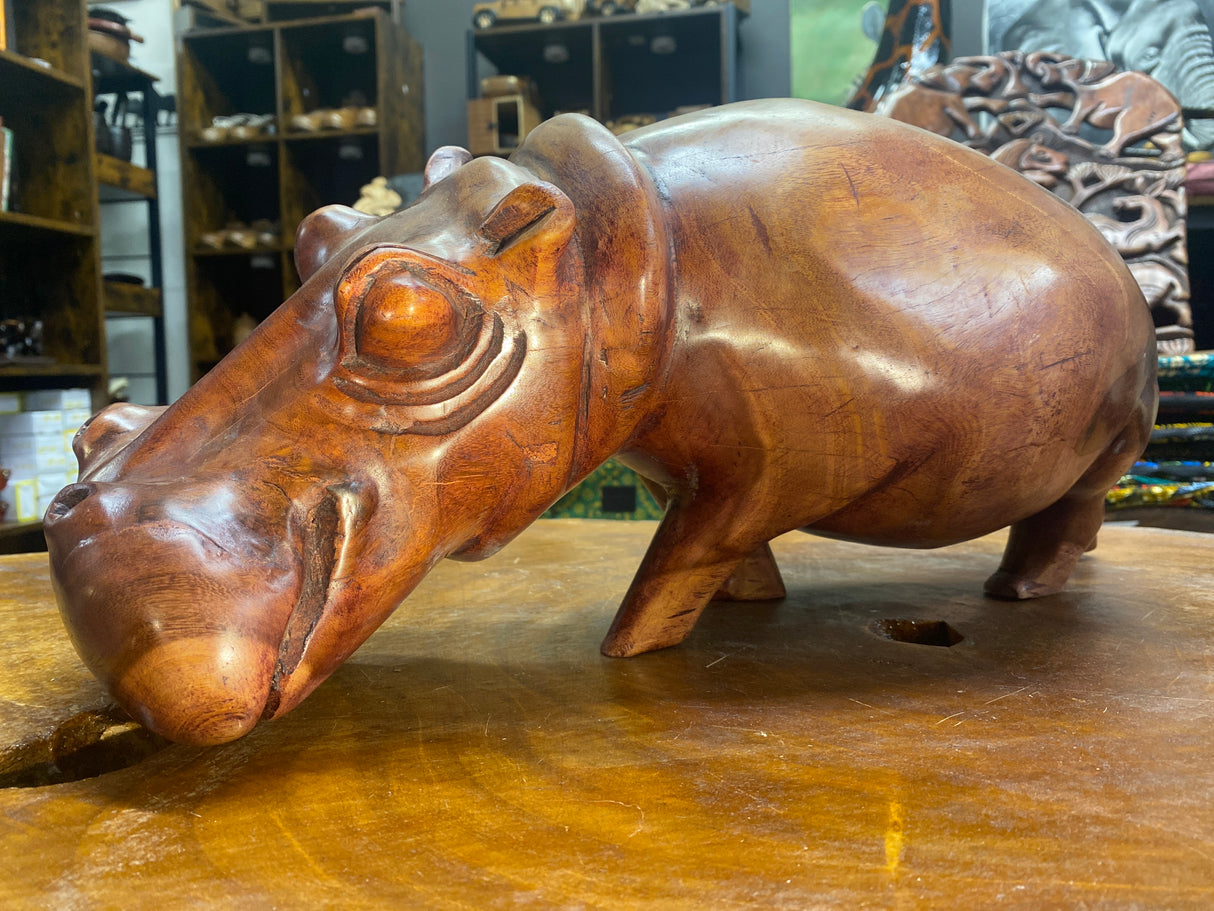 Big Reddish Colour Hand Carved Wooden Hippo - Mouth Closed (Heavy Piece)