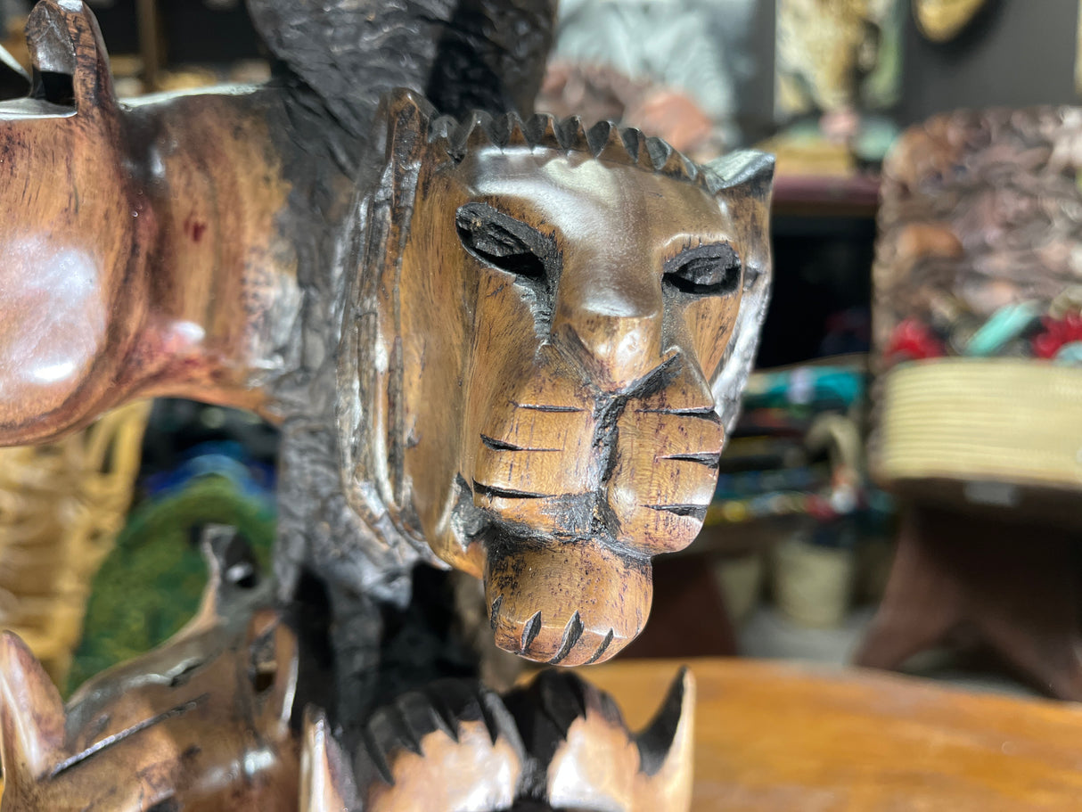 Hand Carved ‘Big 5’ On a Tree Trunk Ornament - Elephant, Leopard, Lion, Rhino, Buffalo