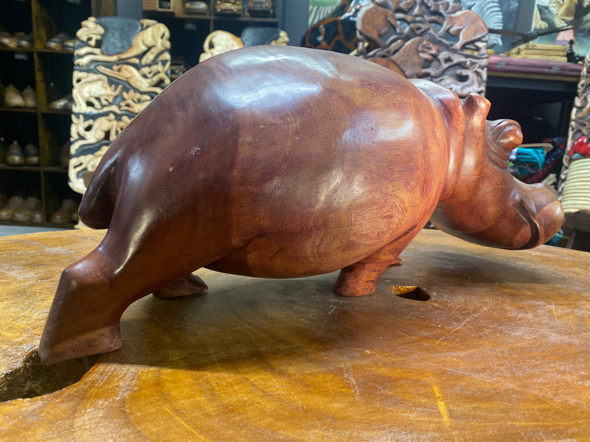 Big Reddish Colour Hand Carved Wooden Smiling Hippo - Mouth Closed (Heavy Piece)