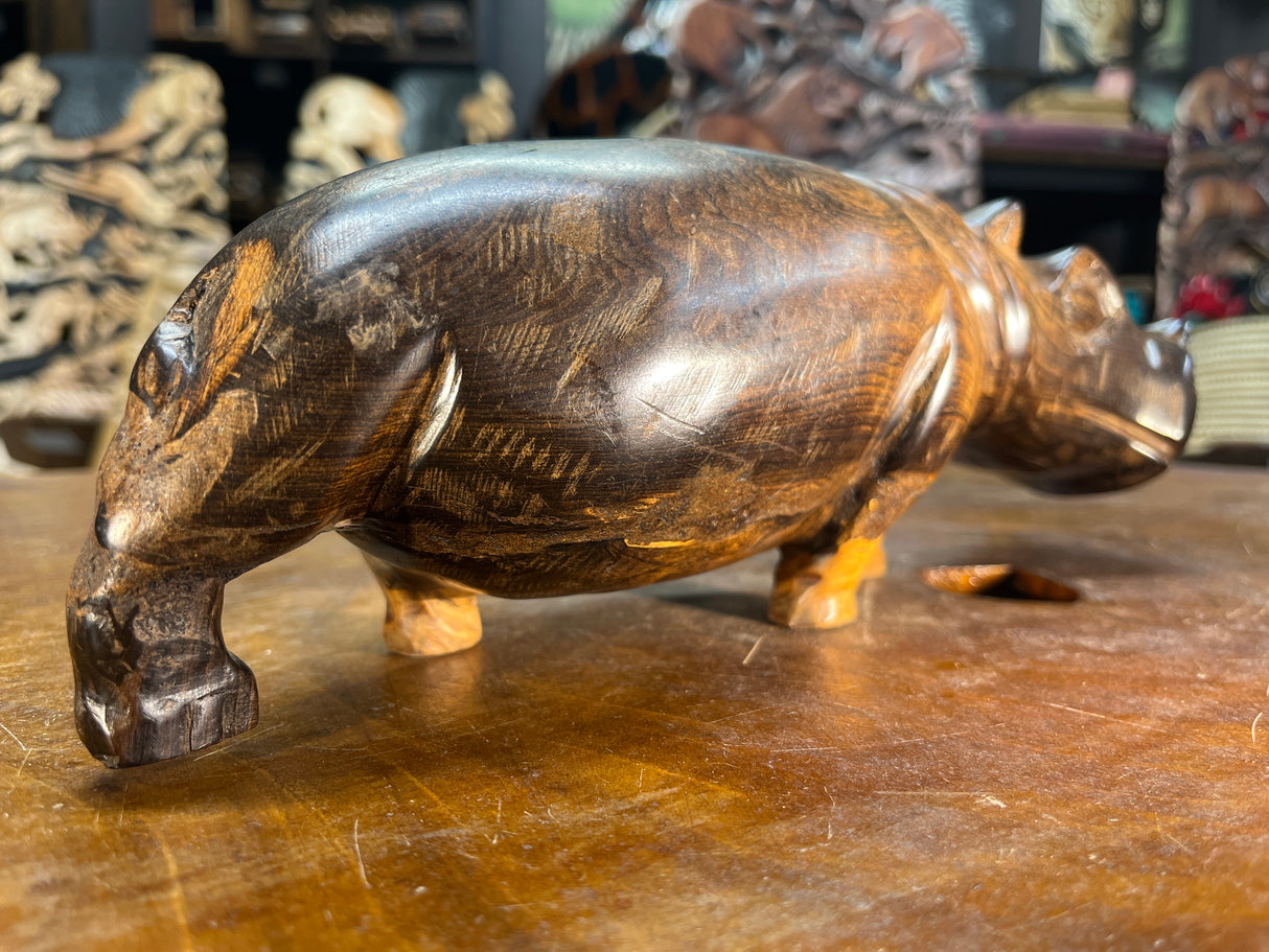 Hand Carved Dark Brown Wooden Hippo - Mouth Closed and Long Body