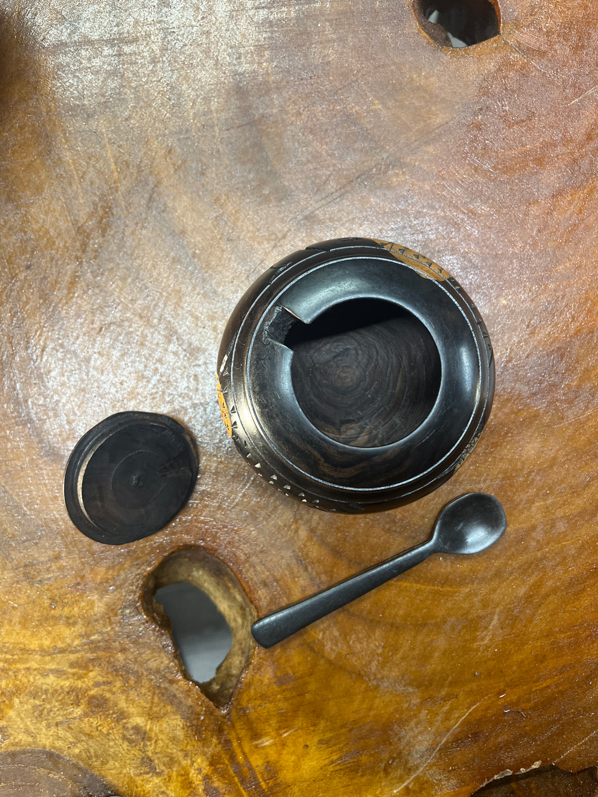 Small Handmade Animal carved Ebony Storage Pot with Spoon
