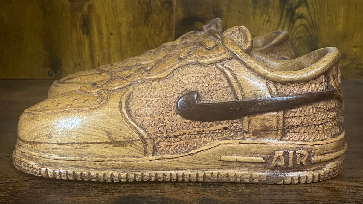 Pair of Nike Air Force One Low V1.1 Hand Carved Mahogany Display Piece